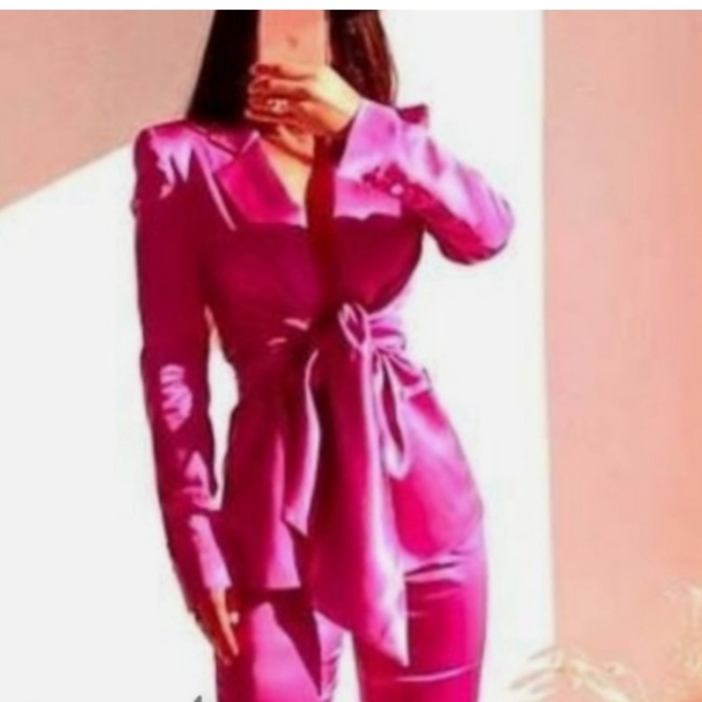 New Zara Pink Satin One Button Structured Tie Sash Front Blazer - Picture 6 of 16